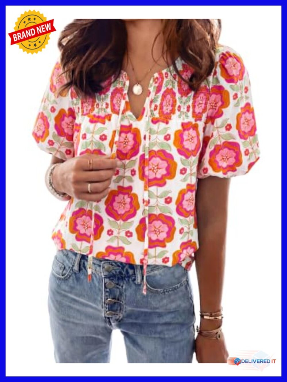 Boho Floral Puff Short Sleeve Blouse Women V-Neck Drawstring Summer Top